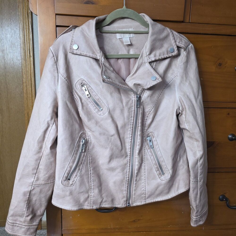 Chico'ss Faux Leather Moto Jacket Size 1 Medium Mauve Distressed Lined